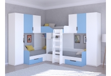 Кровать Трио 3 для мальчиков: цвет Белый / Голубой