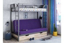 Двухъярусная кровать с диваном и двумя ящиками Мадлен Серый/Фиолетовый/Дуб Айленд