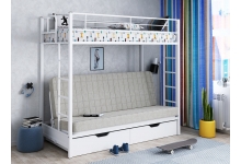 Двухъярусная кровать с диваном и двумя ящиками Мадлен Белый/Фиолетовый/Белый
