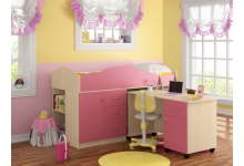 Кровать чердак со столом Дюймовочка 5.3 Дуб молочный/Розовый