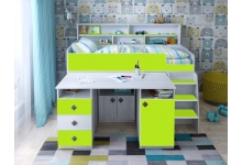 Кровать-чердак Малыш 5 с выкатным столом, цвет винтерберг / лайм