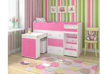 Детская кровать-чердак Малыш для девочек, белое дерево / розовый
