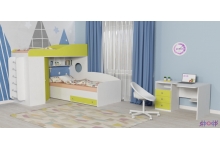 Кровать для двоих детей Кадет 2 с металлической лестницей, белое дерево / лайм